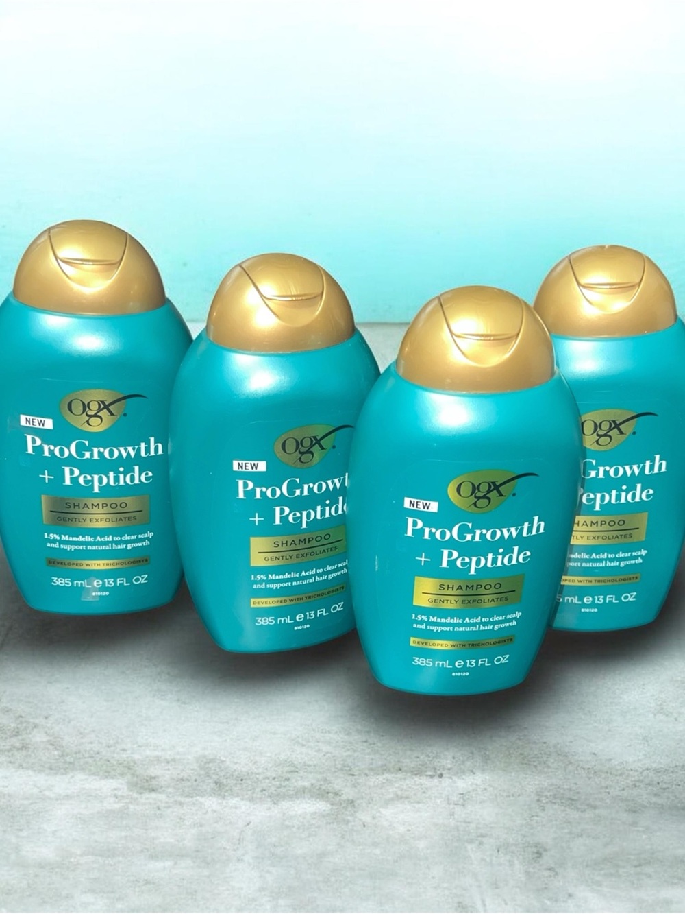 4X OGX ProGrowth + Peptide Shampoo — Turquoise with Gold Cap